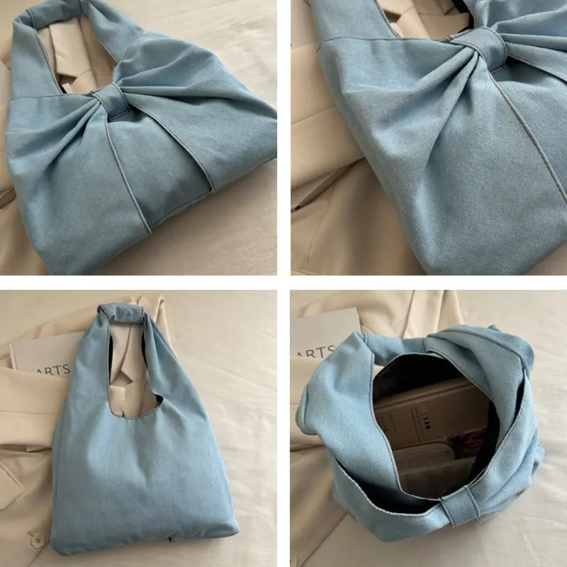 Sweet Bowknot Design Women's Denim Shoulder Bags Commuter Thread Ladies Handbags Casual Lightweight Female Underarm Tote Bag