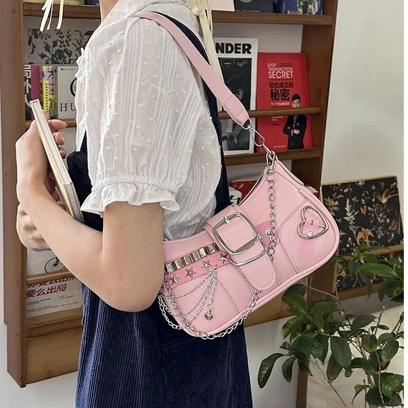 Y2K Cool Hot Girls Chain Shoulder Bag Casual Retro Women Underarm Handbags Commuter Candy Color Female Portable Shopping Bags
