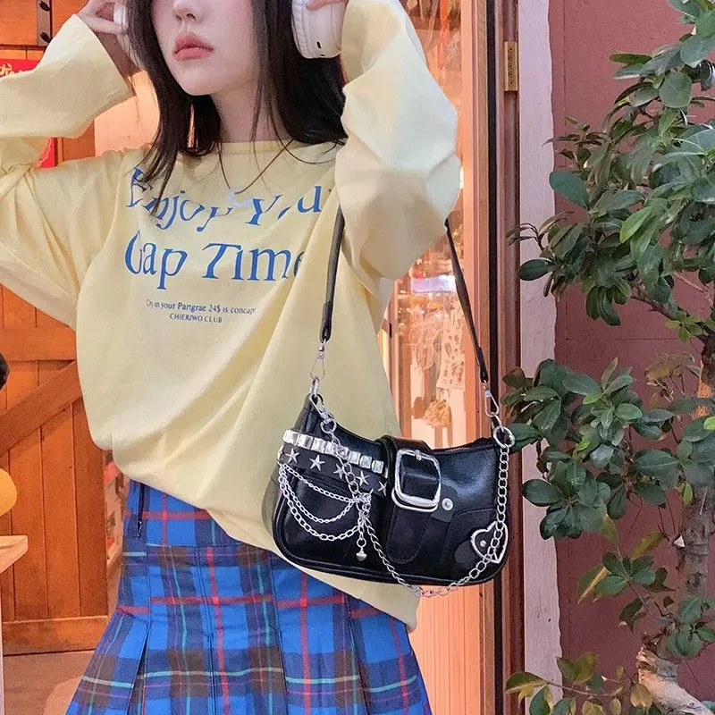 Y2K Cool Hot Girls Chain Shoulder Bag Casual Retro Women Underarm Handbags Commuter Candy Color Female Portable Shopping Bags