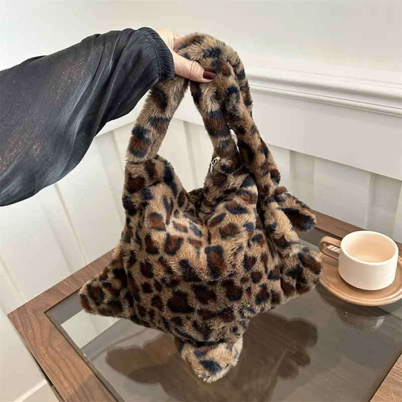 Star Leopard Print Plush Crossbody Bags for Women Furry Large Capacity Girls Shoulder Bag Vintage Tote Handbags Female Purse