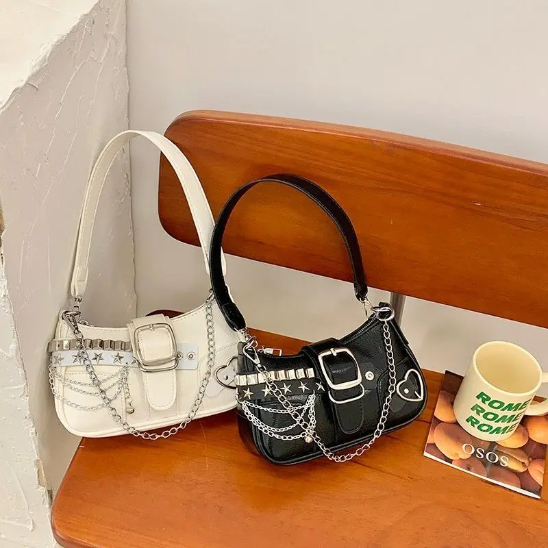 Y2K Cool Hot Girls Chain Shoulder Bag Casual Retro Women Underarm Handbags Commuter Candy Color Female Portable Shopping Bags