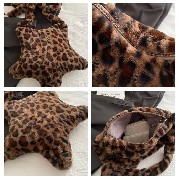 Star Leopard Print Plush Crossbody Bags for Women Furry Large Capacity Girls Shoulder Bag Vintage Tote Handbags Female Purse