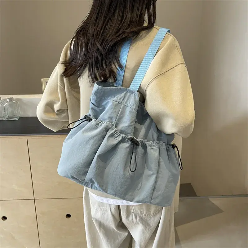Solid Color Large Capacity Ladies Travel Handbags Casual Female Portable Tote Bag Simple Soft Nylon Cloth Women's Shoulder Bags