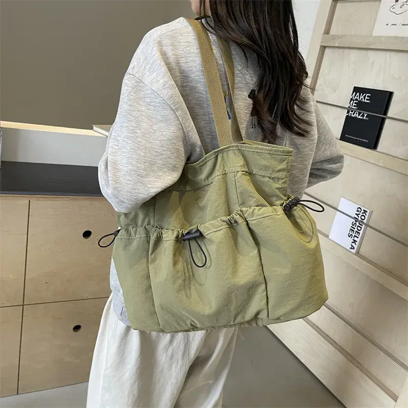 Solid Color Large Capacity Ladies Travel Handbags Casual Female Portable Tote Bag Simple Soft Nylon Cloth Women's Shoulder Bags