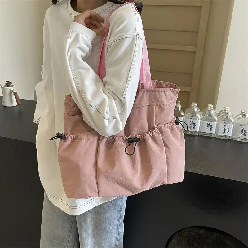 Solid Color Large Capacity Ladies Travel Handbags Casual Female Portable Tote Bag Simple Soft Nylon Cloth Women's Shoulder Bags