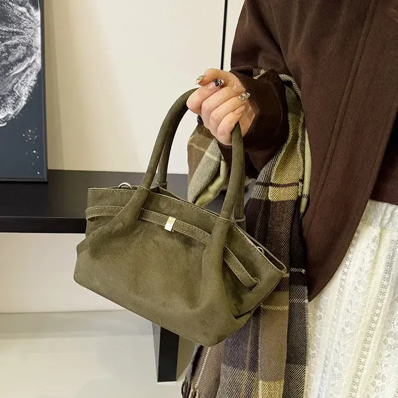 Vintage Faux Suede Women's Small Tote Bag Fashion Design Ladies Shoulder Crossbody Bags Retro Matte Female Purses and Handbags