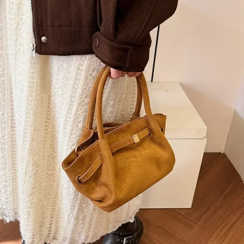 Vintage Faux Suede Women's Small Tote Bag Fashion Design Ladies Shoulder Crossbody Bags Retro Matte Female Purses and Handbags
