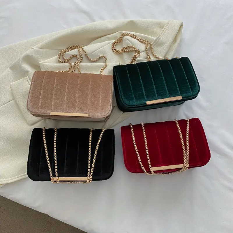 Vintage Velvet Women's Small Square Shoulder Bag Elegant Evening Handbag Ladies Fashion Chain Crossbody Bags Female Clutch Purse