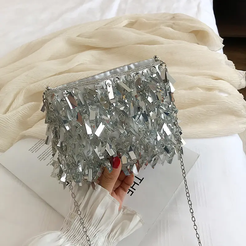 Fashion Design Luxury Silver Sequin Rhinestone Tassel Women Small Shoulder Bags Chain Elegant Ladies Party Evening Clutch Purse
