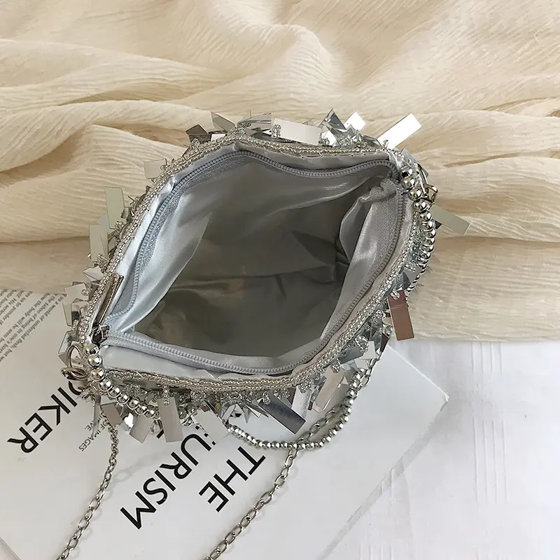 Fashion Design Luxury Silver Sequin Rhinestone Tassel Women Small Shoulder Bags Chain Elegant Ladies Party Evening Clutch Purse