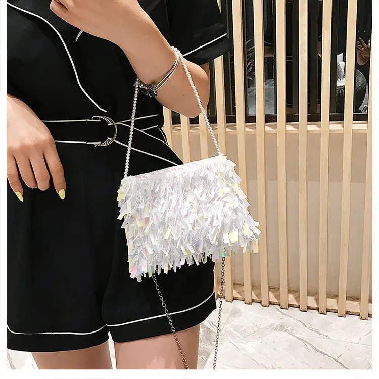 Fashion Design Luxury Silver Sequin Rhinestone Tassel Women Small Shoulder Bags Chain Elegant Ladies Party Evening Clutch Purse