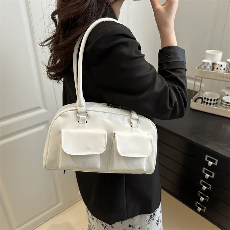 Casual Double Pocket Design Women Shoulder Bags Commuter Large Capacity Ladies Armpit Bag Fashion Pure Color Female Handbags
