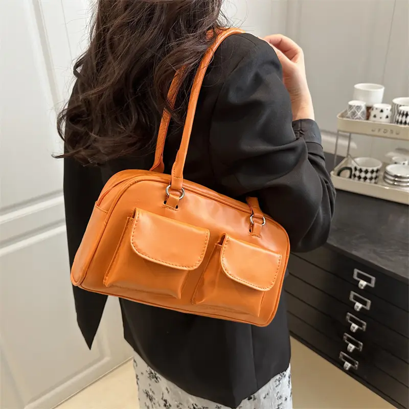 Casual Double Pocket Design Women Shoulder Bags Commuter Large Capacity Ladies Armpit Bag Fashion Pure Color Female Handbags