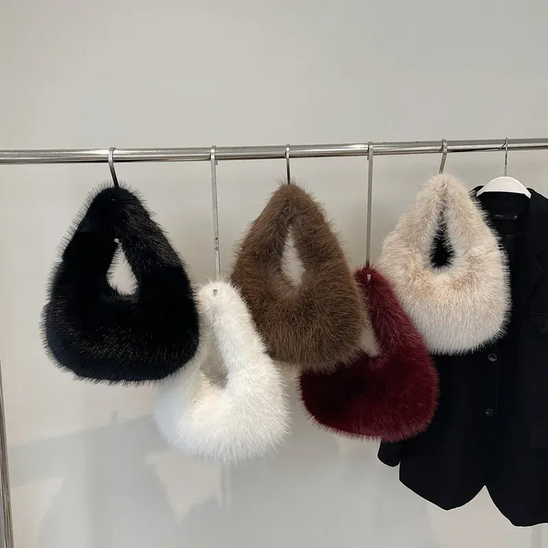 Solid Color Faux Fur Bag for Women Winter Soft Plush Handbags Ladies Small Elegant Tote Bags Fashion Trend Female Furry Purse