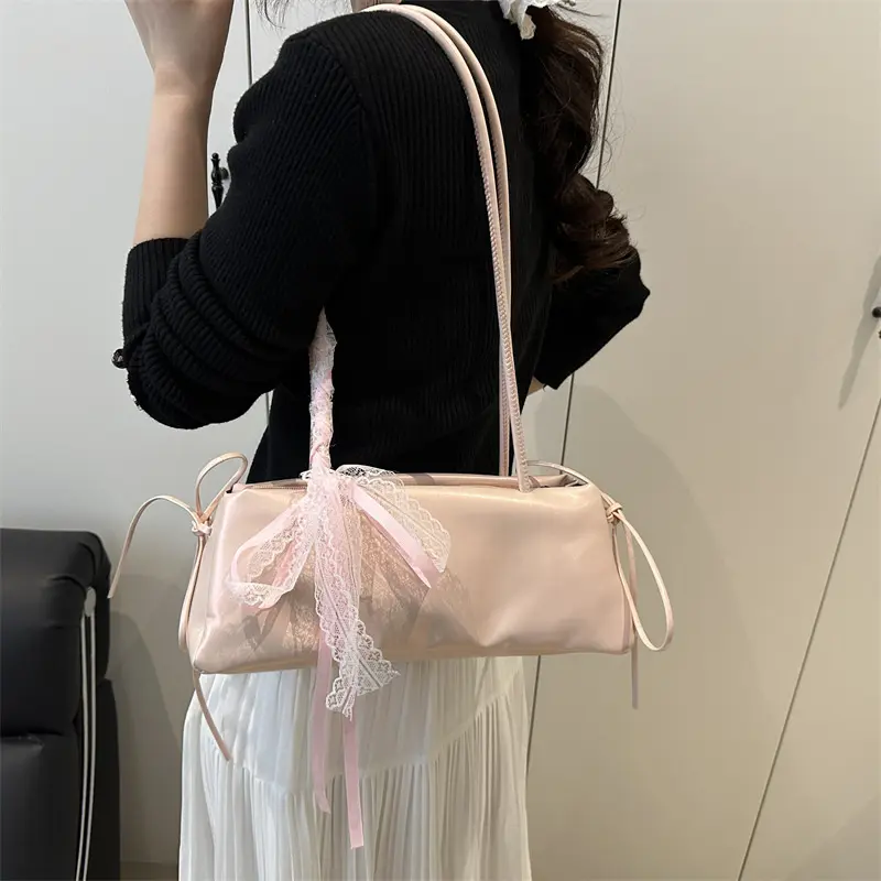 Fashion Bow Lace Ribbons Pu Shoulder Bags for Women Versatile Commuter Ladies Underarm Bag Solid Color Female Handbags Purse