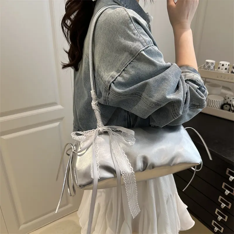 Fashion Bow Lace Ribbons Pu Shoulder Bags for Women Versatile Commuter Ladies Underarm Bag Solid Color Female Handbags Purse
