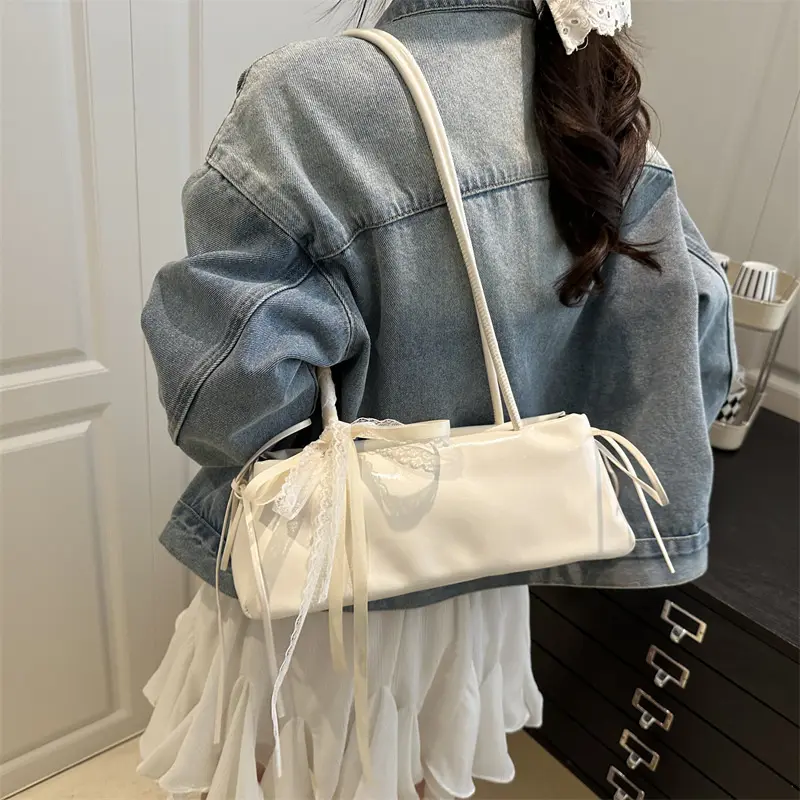 Fashion Bow Lace Ribbons Pu Shoulder Bags for Women Versatile Commuter Ladies Underarm Bag Solid Color Female Handbags Purse