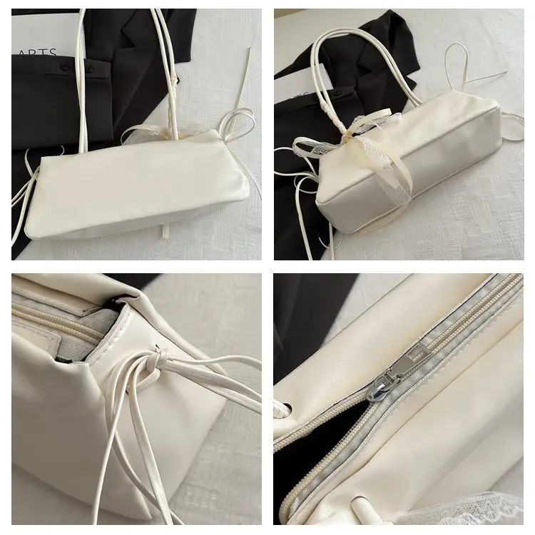 Fashion Bow Lace Ribbons Pu Shoulder Bags for Women Versatile Commuter Ladies Underarm Bag Solid Color Female Handbags Purse