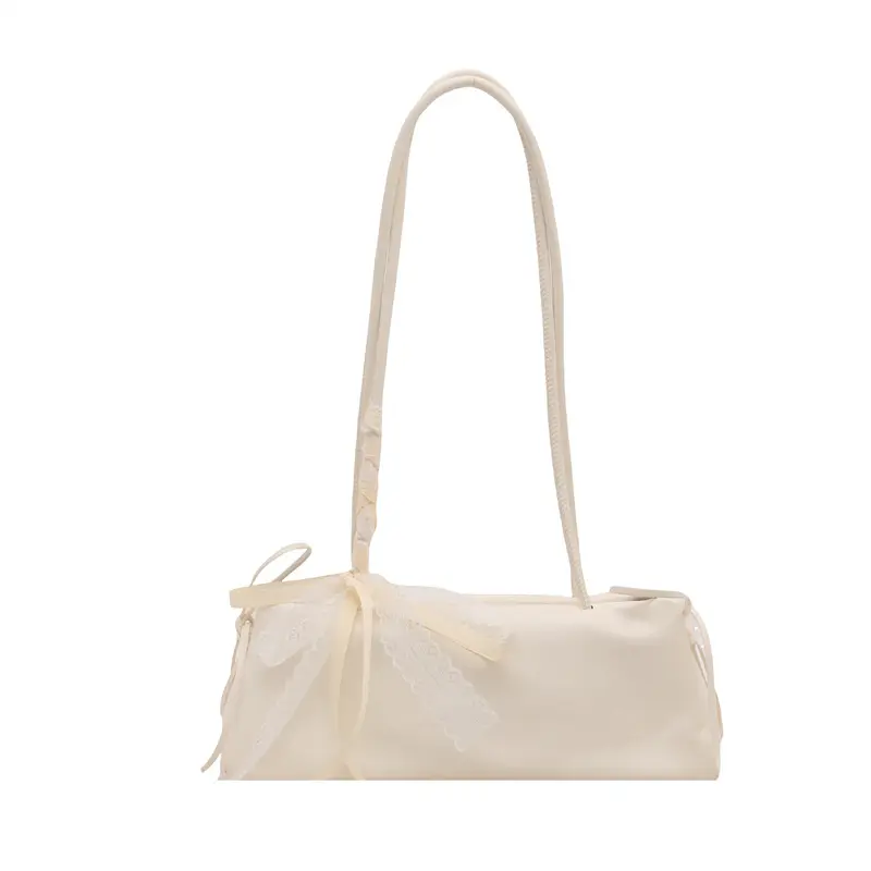 Fashion Bow Lace Ribbons Pu Shoulder Bags for Women Versatile Commuter Ladies Underarm Bag Solid Color Female Handbags Purse