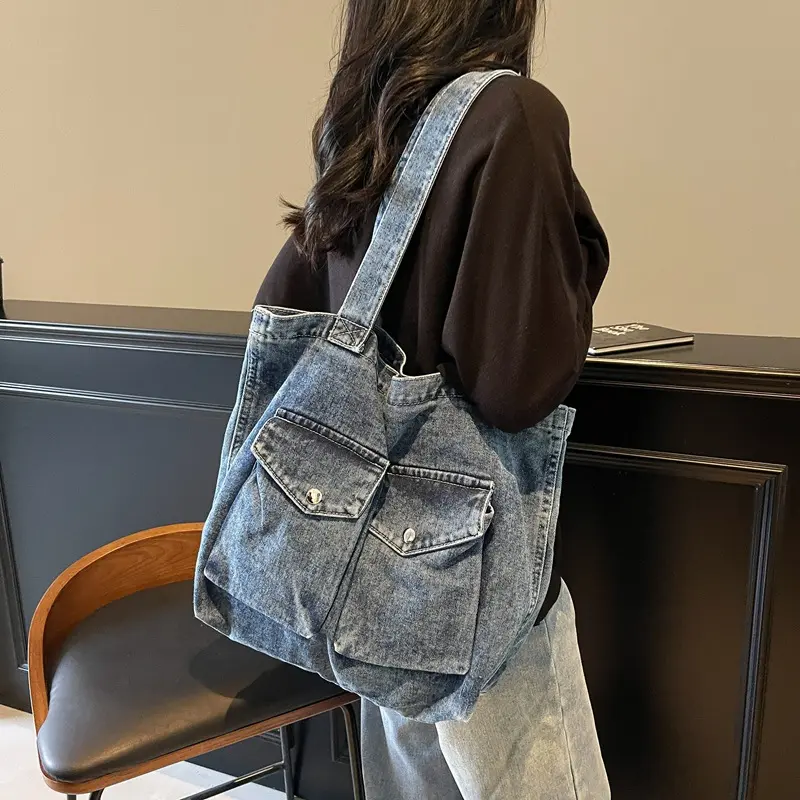 Retro Design Women's Denim Shoulder Bags Large Capacity Ladies Travel Handbags Commuter College Girls Book Tote Shopper Bag