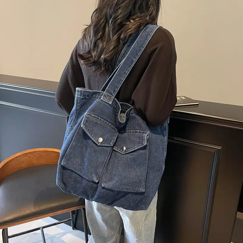 Retro Design Women's Denim Shoulder Bags Large Capacity Ladies Travel Handbags Commuter College Girls Book Tote Shopper Bag