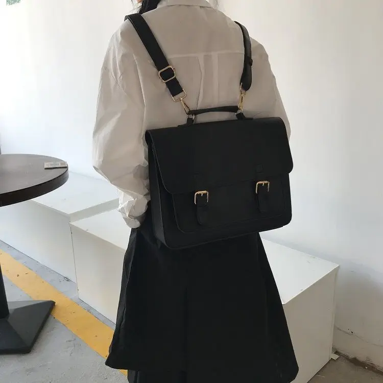 Retro College Style Girls Student Backpack School Book Bag for Women Pu Leather Lady Shoulder Bags Solid Color Crossbody Bags