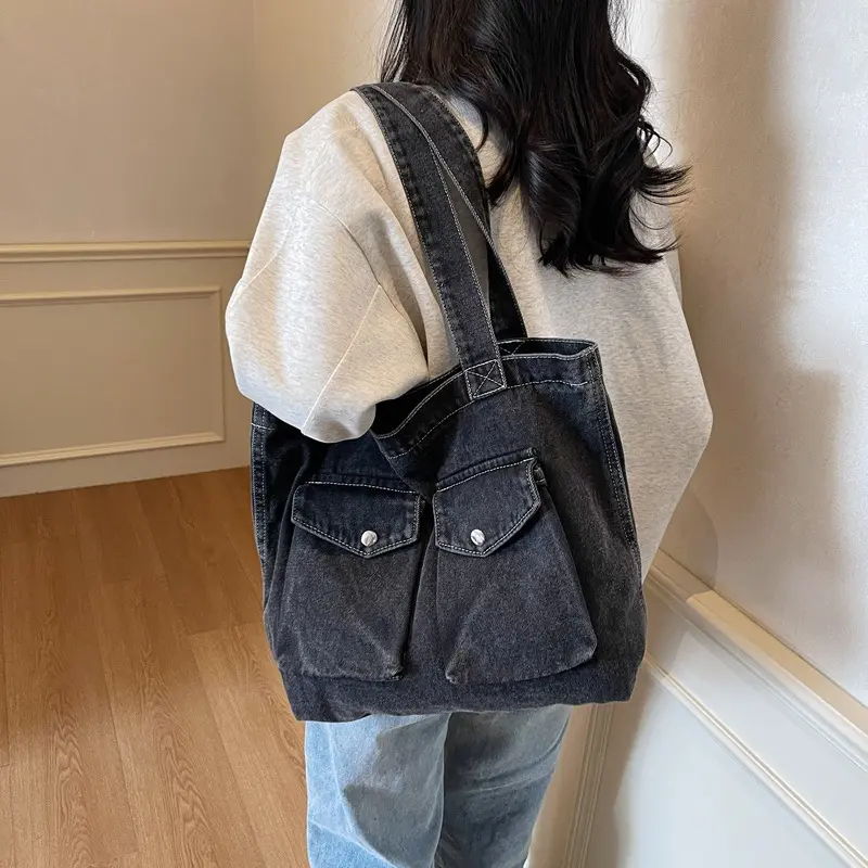 Retro Design Women's Denim Shoulder Bags Large Capacity Ladies Travel Handbags Commuter College Girls Book Tote Shopper Bag