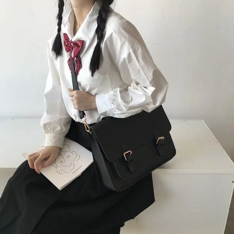 Retro College Style Girls Student Backpack School Book Bag for Women Pu Leather Lady Shoulder Bags Solid Color Crossbody Bags
