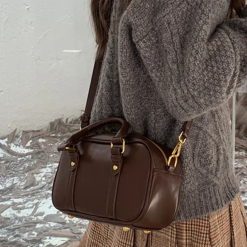 Vintage Maillard Ladies Pu Leather Shoulder Bag Retro Solid Color Women's Crossbody Bags Simple Casual Female Handbags Purse