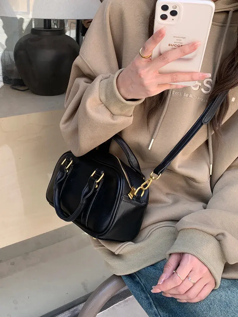 Vintage Maillard Ladies Pu Leather Shoulder Bag Retro Solid Color Women's Crossbody Bags Simple Casual Female Handbags Purse