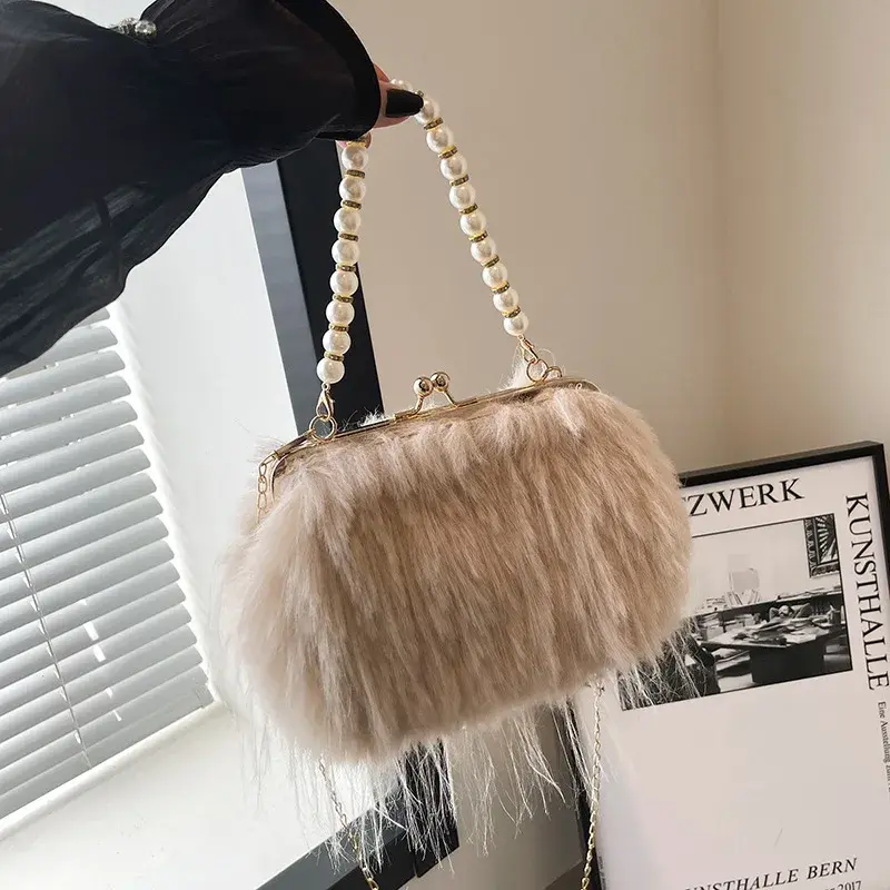Beading Chain Women's Evening Plush Handbags Faux Fur Tassel Ladies Shoulder Bag Elegant Female Crossbody Bags Party Furry Purse