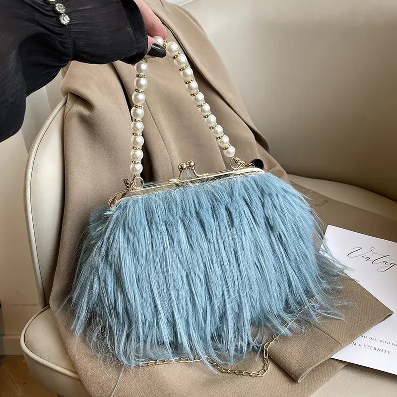 Beading Chain Women's Evening Plush Handbags Faux Fur Tassel Ladies Shoulder Bag Elegant Female Crossbody Bags Party Furry Purse