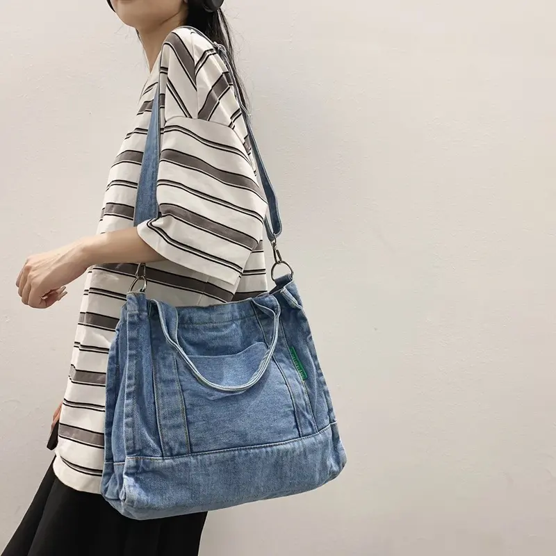 Thread Design Denim Shoulder Bags for Women Casual Portable College Girls Book Tote Handbags Commuter Female Retro Crossbody Bag