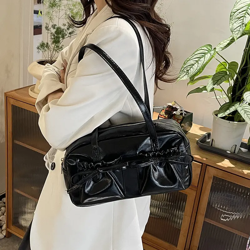 Sweet Bow Pleated Design Women Shoulder Bags Double-pocket Large Capacity Ladies Underarm Bag Solid Color Female Handbags Tote