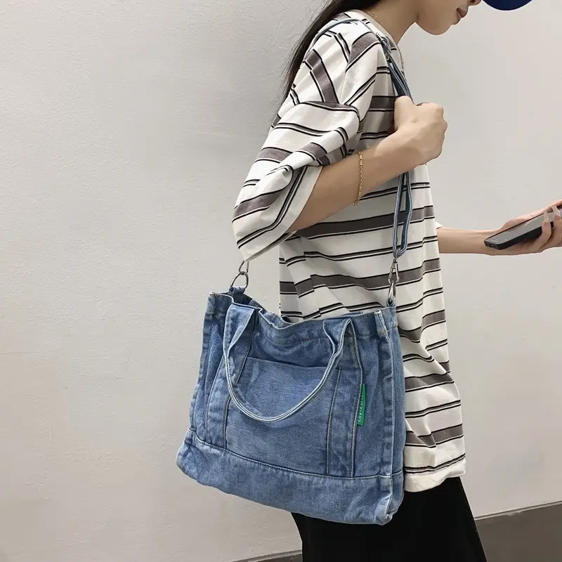 Thread Design Denim Shoulder Bags for Women Casual Portable College Girls Book Tote Handbags Commuter Female Retro Crossbody Bag