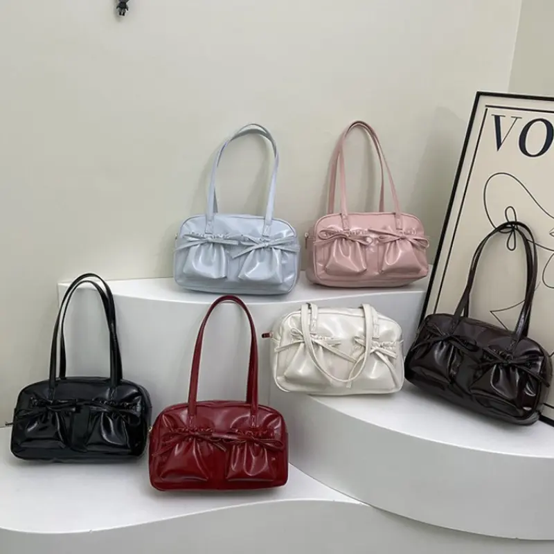 Sweet Bow Pleated Design Women Shoulder Bags Double-pocket Large Capacity Ladies Underarm Bag Solid Color Female Handbags Tote