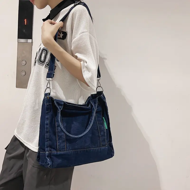 Thread Design Denim Shoulder Bags for Women Casual Portable College Girls Book Tote Handbags Commuter Female Retro Crossbody Bag