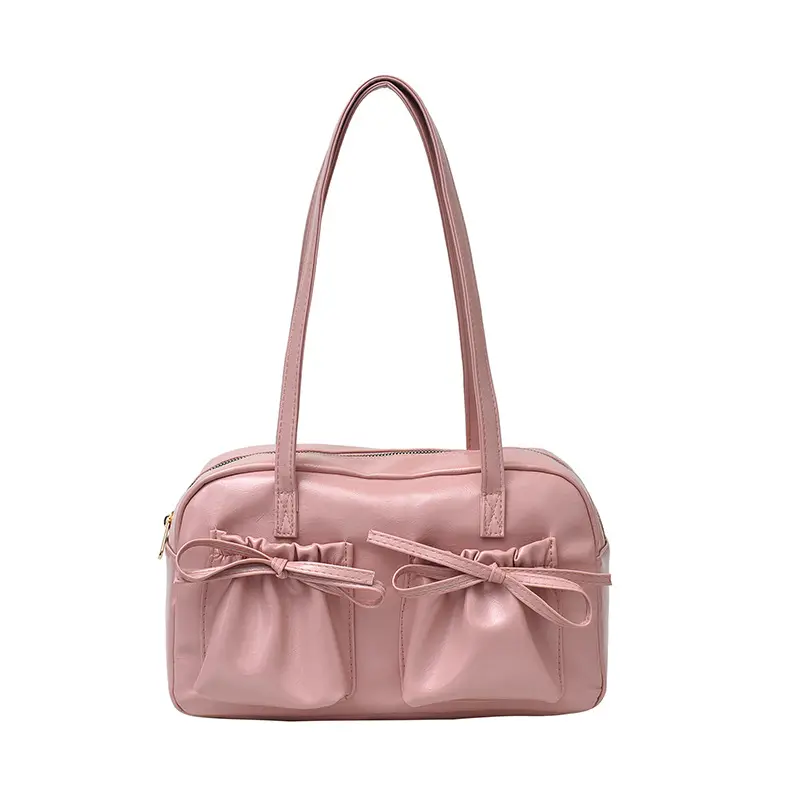 Sweet Bow Pleated Design Women Shoulder Bags Double-pocket Large Capacity Ladies Underarm Bag Solid Color Female Handbags Tote
