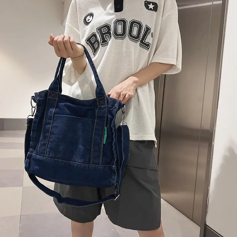 Thread Design Denim Shoulder Bags for Women Casual Portable College Girls Book Tote Handbags Commuter Female Retro Crossbody Bag