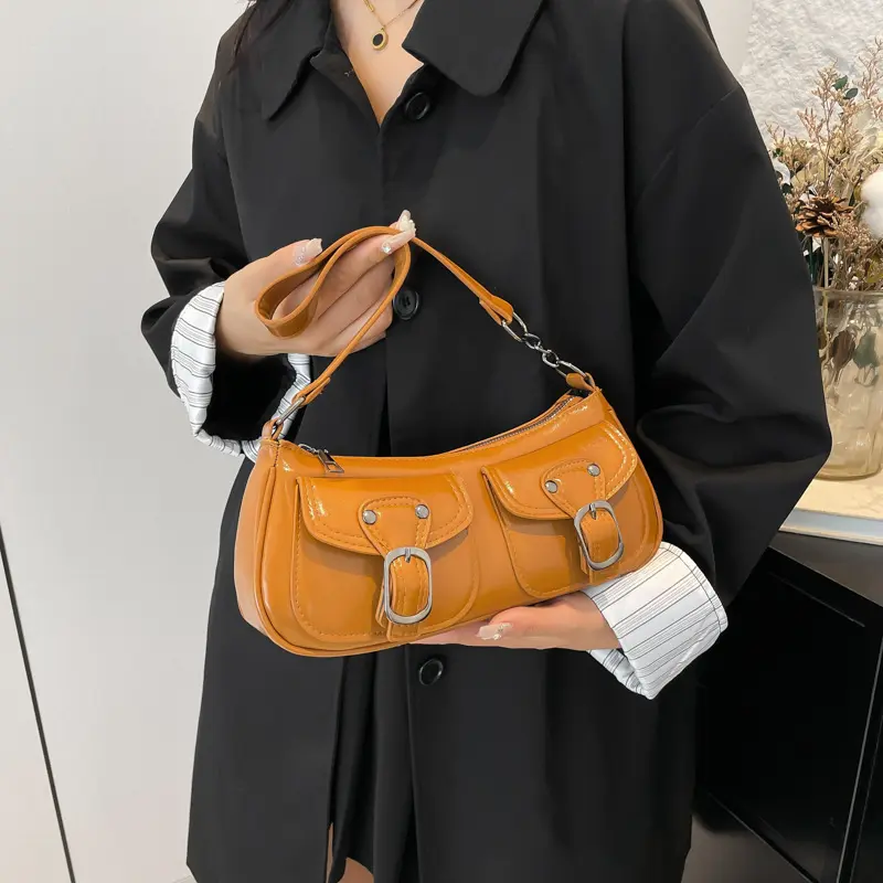 Fashion Pu Leather Women's Shoulder Bag Small Double Pocket Design Ladies Underarm Bags Y2k Vintage Female Handbags Clutch Purse