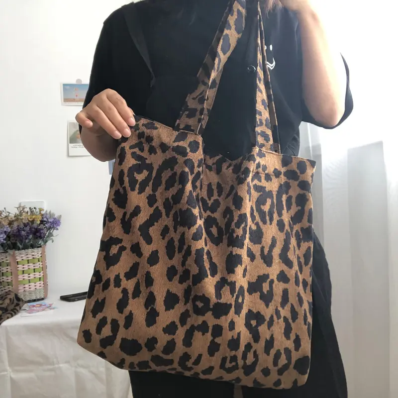 Retro Corduroy Women Large Shoulder Shopping Bags Vintage Ladies Thin Cotton Casual Tote Leopard Pattern Girls Handbags Vest Bag
