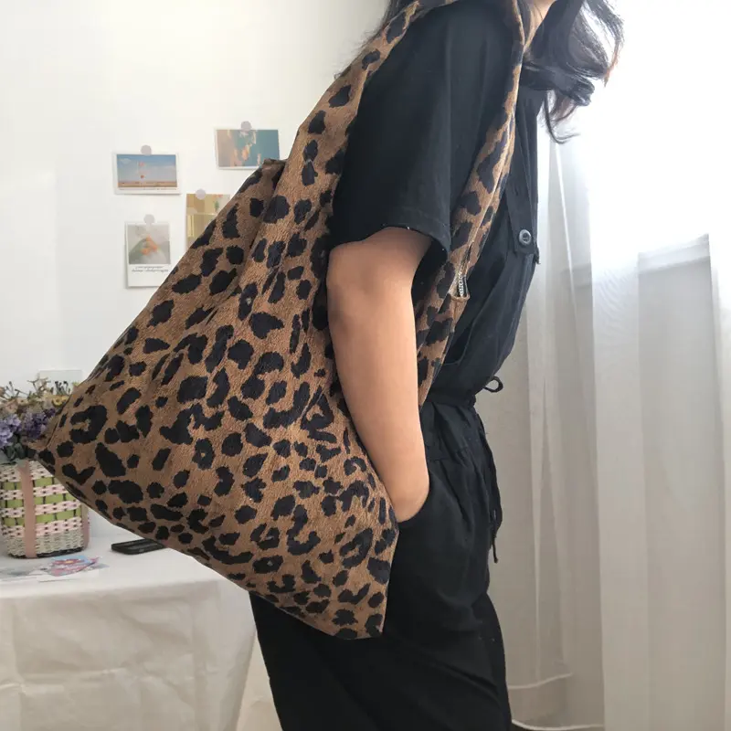 Retro Corduroy Women Large Shoulder Shopping Bags Vintage Ladies Thin Cotton Casual Tote Leopard Pattern Girls Handbags Vest Bag