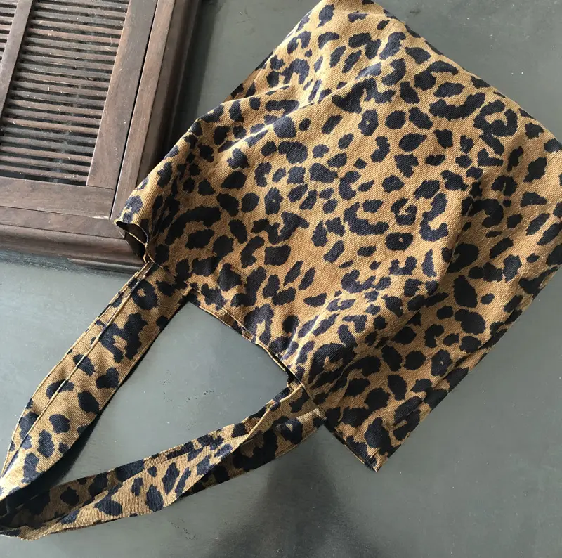 Retro Corduroy Women Large Shoulder Shopping Bags Vintage Ladies Thin Cotton Casual Tote Leopard Pattern Girls Handbags Vest Bag