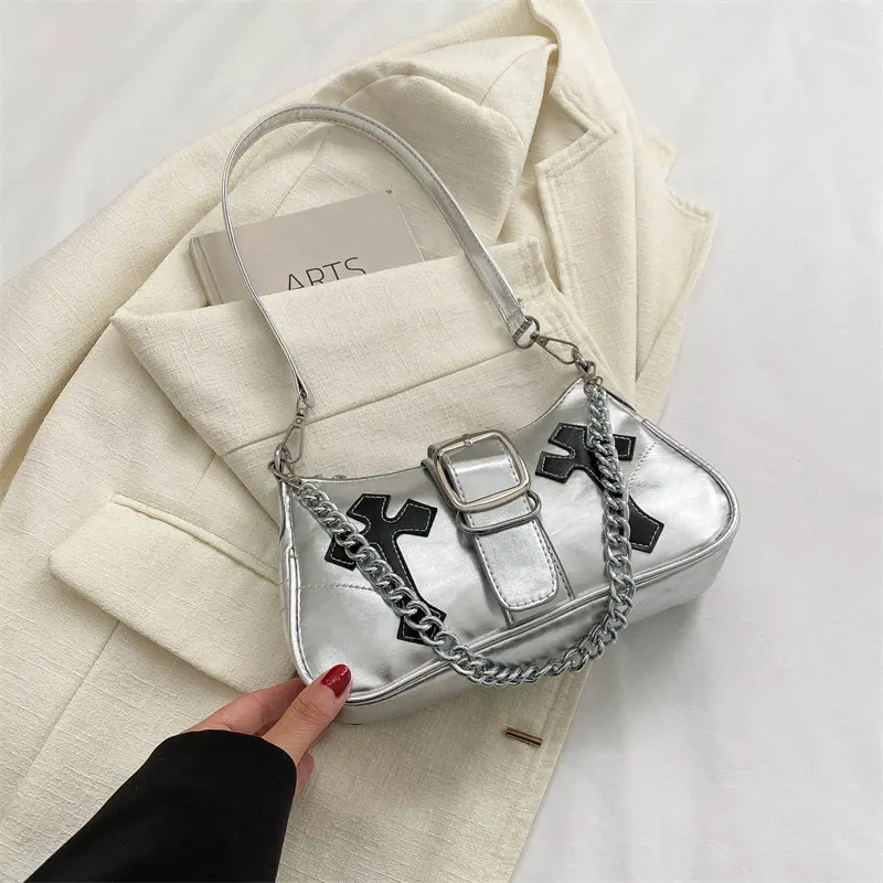 Cool Chain Y2k Girls Underarm Bags Simple Pu Leather Women's Small Shoulder Bag Fashion Retro Female Clutch Handbags Purse