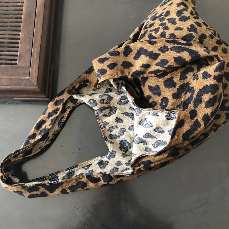 Retro Corduroy Women Large Shoulder Shopping Bags Vintage Ladies Thin Cotton Casual Tote Leopard Pattern Girls Handbags Vest Bag