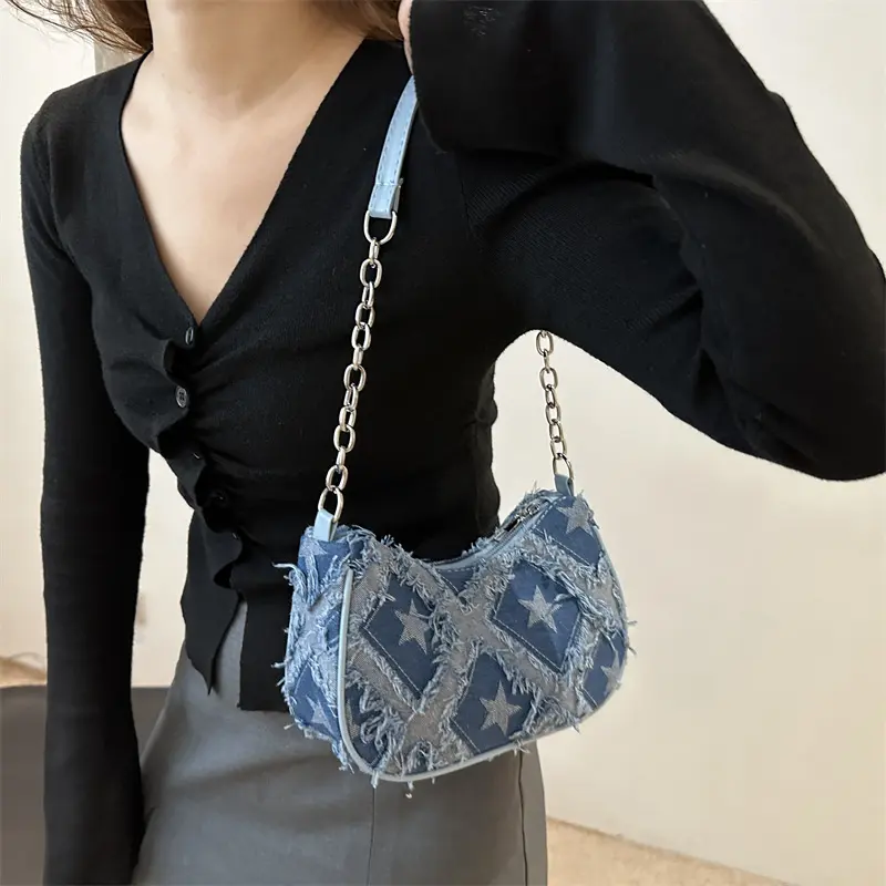 Casual Star Denim Shoulder Bags for Women Plaid Tassel Cool Hot Girls Underarm Phone Bag Fashion Versatile Female Handbags
