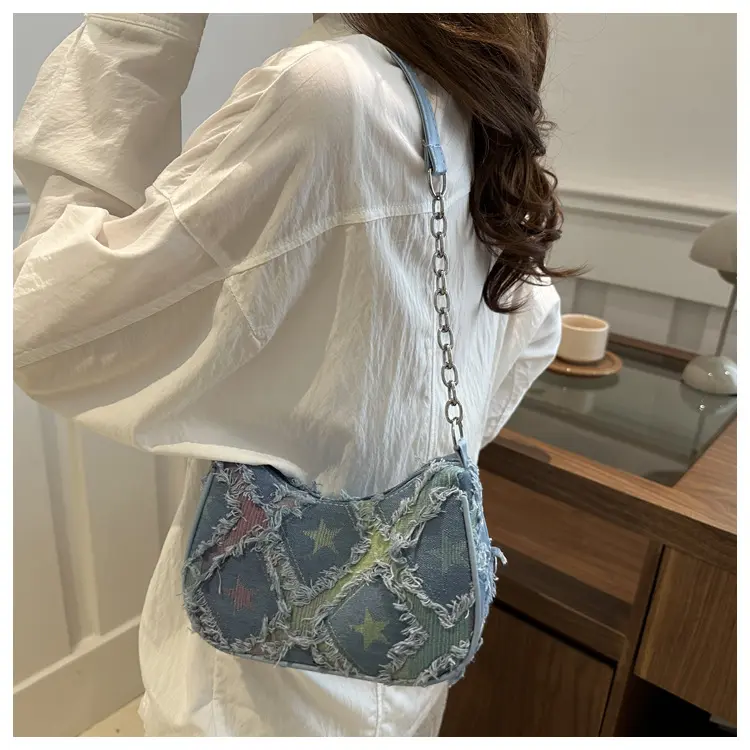 Casual Star Denim Shoulder Bags for Women Plaid Tassel Cool Hot Girls Underarm Phone Bag Fashion Versatile Female Handbags