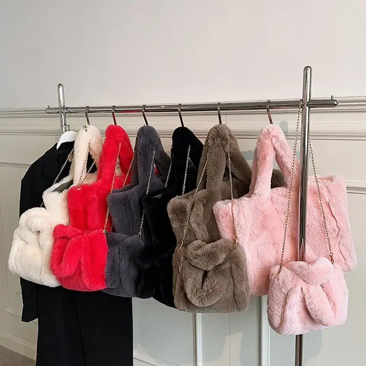 Winter Fashion Women's Furry Tote Handbags Large Capacity Commuter Ladies Faux Fur Shoulder Bag Soft Plush Female Crossbody Bags