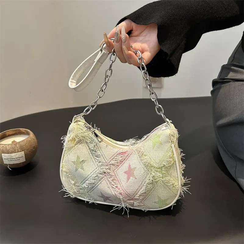 Casual Star Denim Shoulder Bags for Women Plaid Tassel Cool Hot Girls Underarm Phone Bag Fashion Versatile Female Handbags