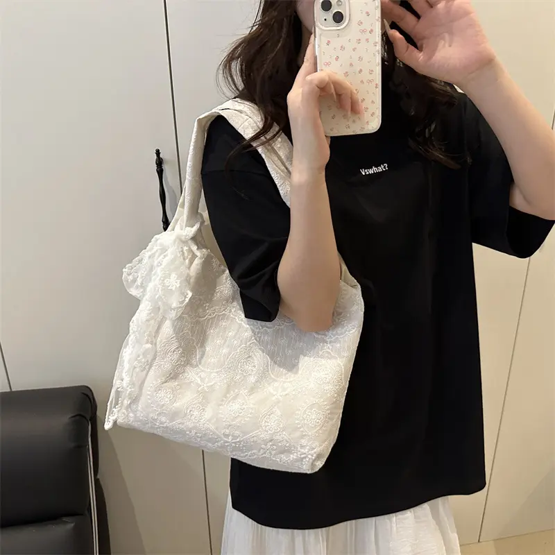 Casual Lace Embroidery Shoulder Bags for Women Simple Versatile Ladies Handbags Large Tote Lightweight Commuter Female Vest Bag